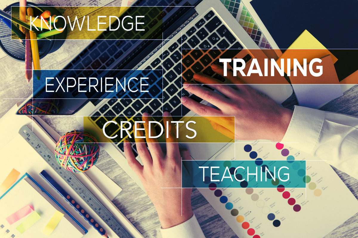 graphic with the words knowledge, experience, training, credits and teaching displayed over hands at a laptop keyboard with other desk items